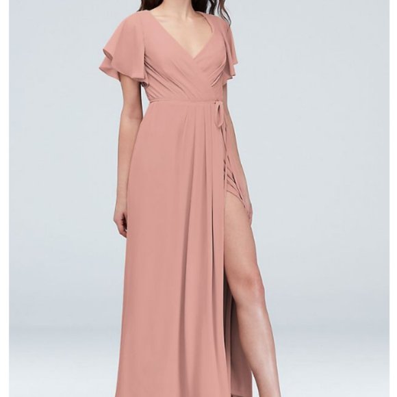 David's Bridal Dresses & Skirts - David's Bridal Flutter Sleeve Georgette Wrap Bridesmaid Dress in Ballet